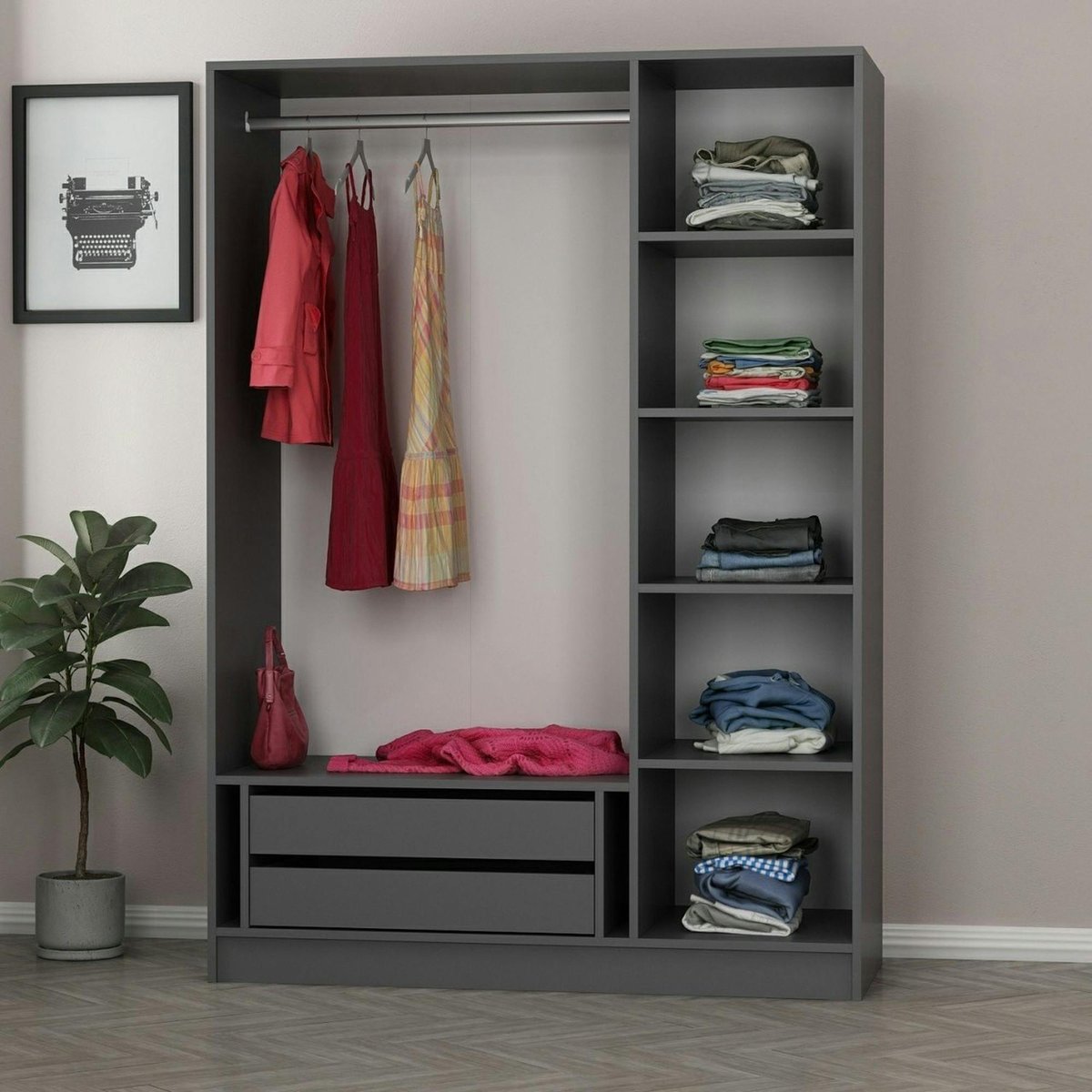 Armoire penderie grise design, 3 portes vitrées BYRON anthracite, PIER IMPORT