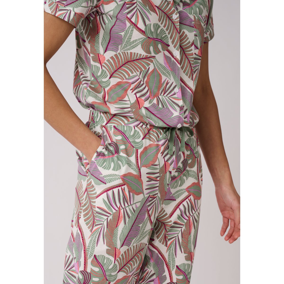 Pantalon de pyjama en maille jersey pur coton marron ecru tropical, DAMART