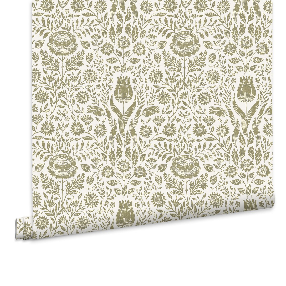 Papier peint damassé fleurs de tulipe Ashstead vert ocré, LAURA ASHLEY