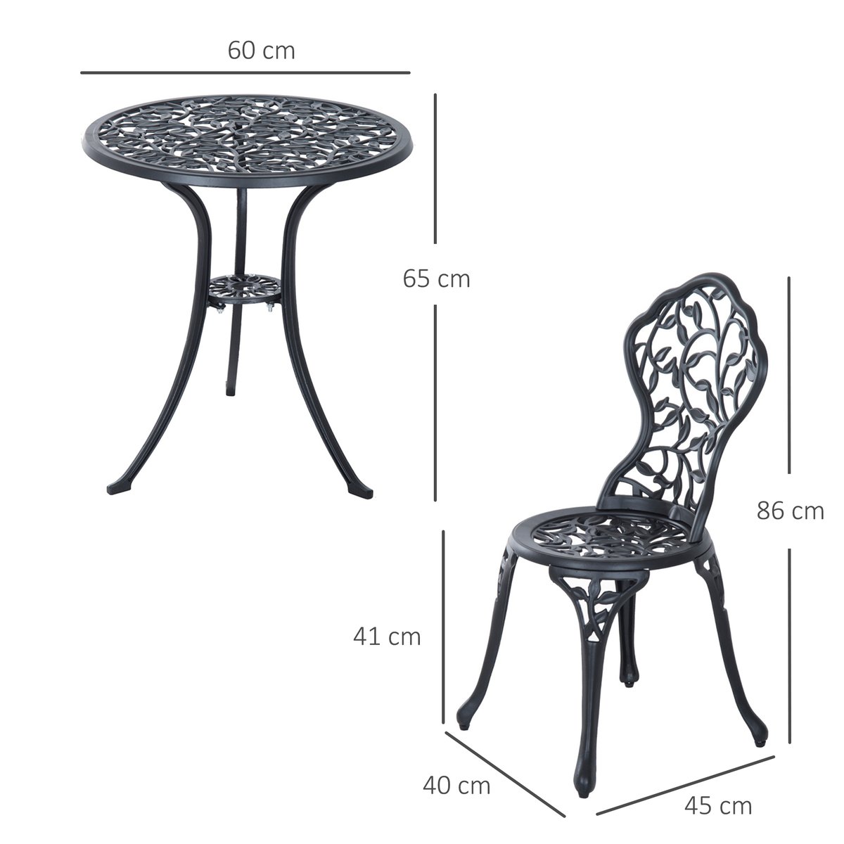 Ensemble salon de jardin 2 places avec table ronde style rétro fonte alu noir noir, OUTSUNNY