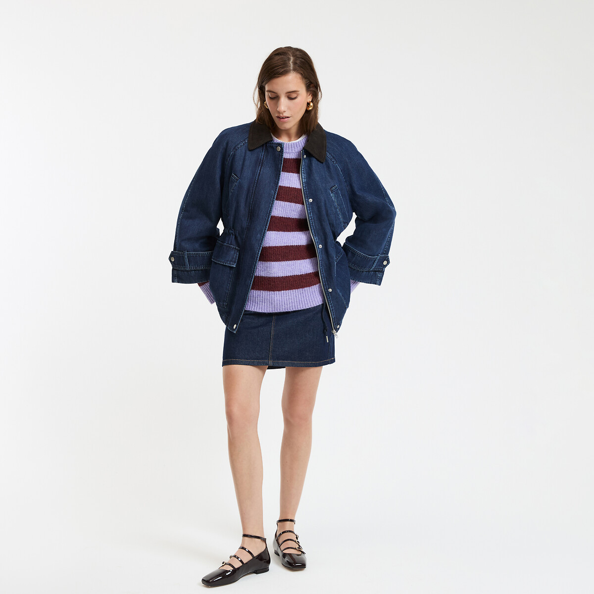 Manteau mi-long fermeture zippée, en denim bleu stone, LA REDOUTE COLLECTIONS