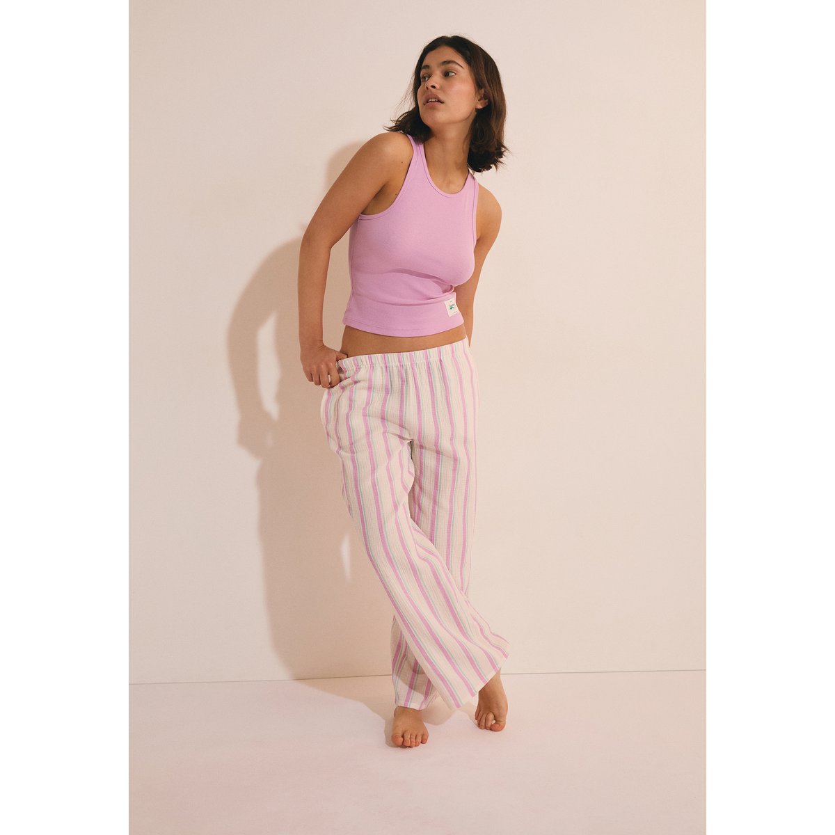 Pantalon de pyjama 7/8 à rayures en gaze de coton ALMIA rose, ETAM