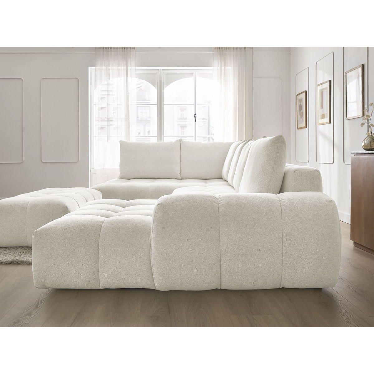 Canapé panoramique convertible 7 places en tissu chiné avec pouf, EVEREST blanc, BOBOCHIC