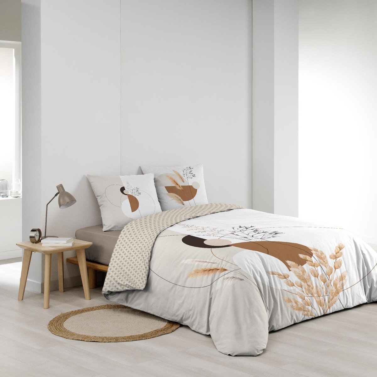 Housse couette + 2 taies graphique végétal beige, EDEN