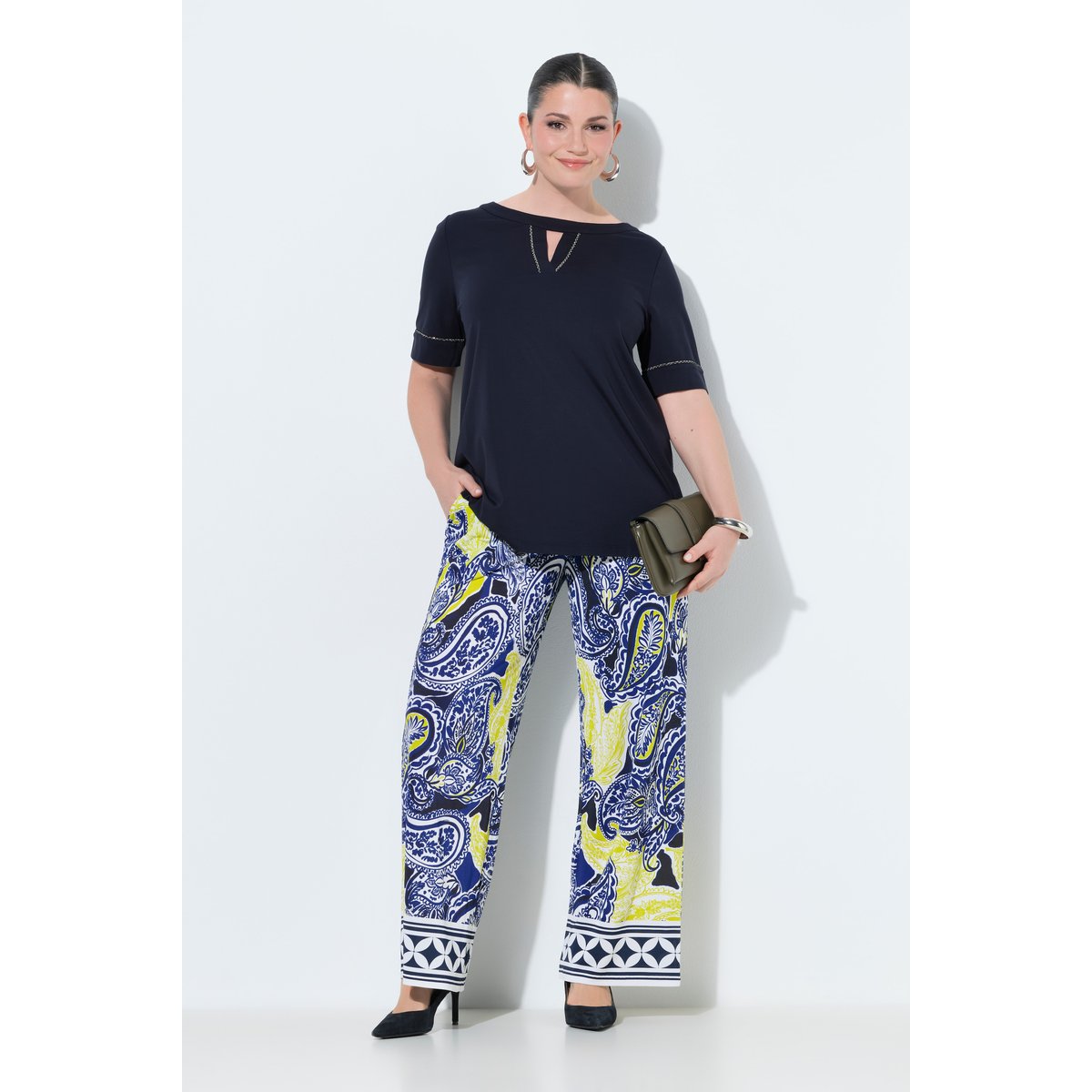 Pantalon au tombé fluide, motif cachemire blanc neige, ULLA POPKEN