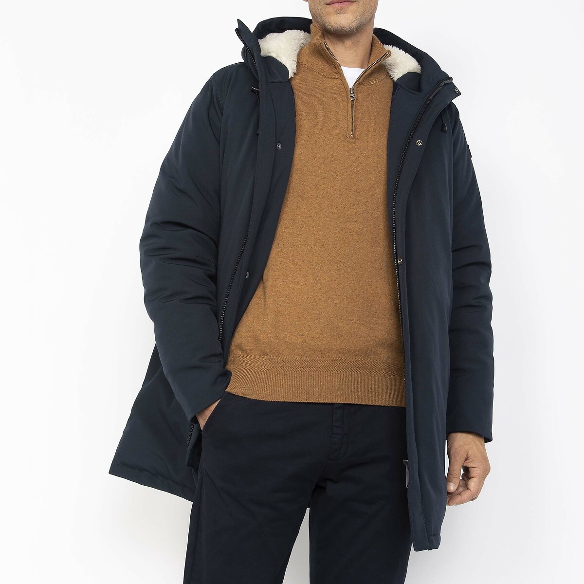 Eljin coat with padded lining and sherpa hood navy blue, SCHOTT