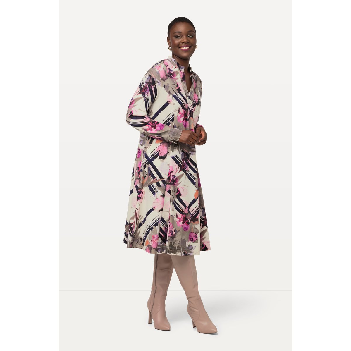 Robe midi à manches longues, col tunisien violet bordeaux, ULLA POPKEN