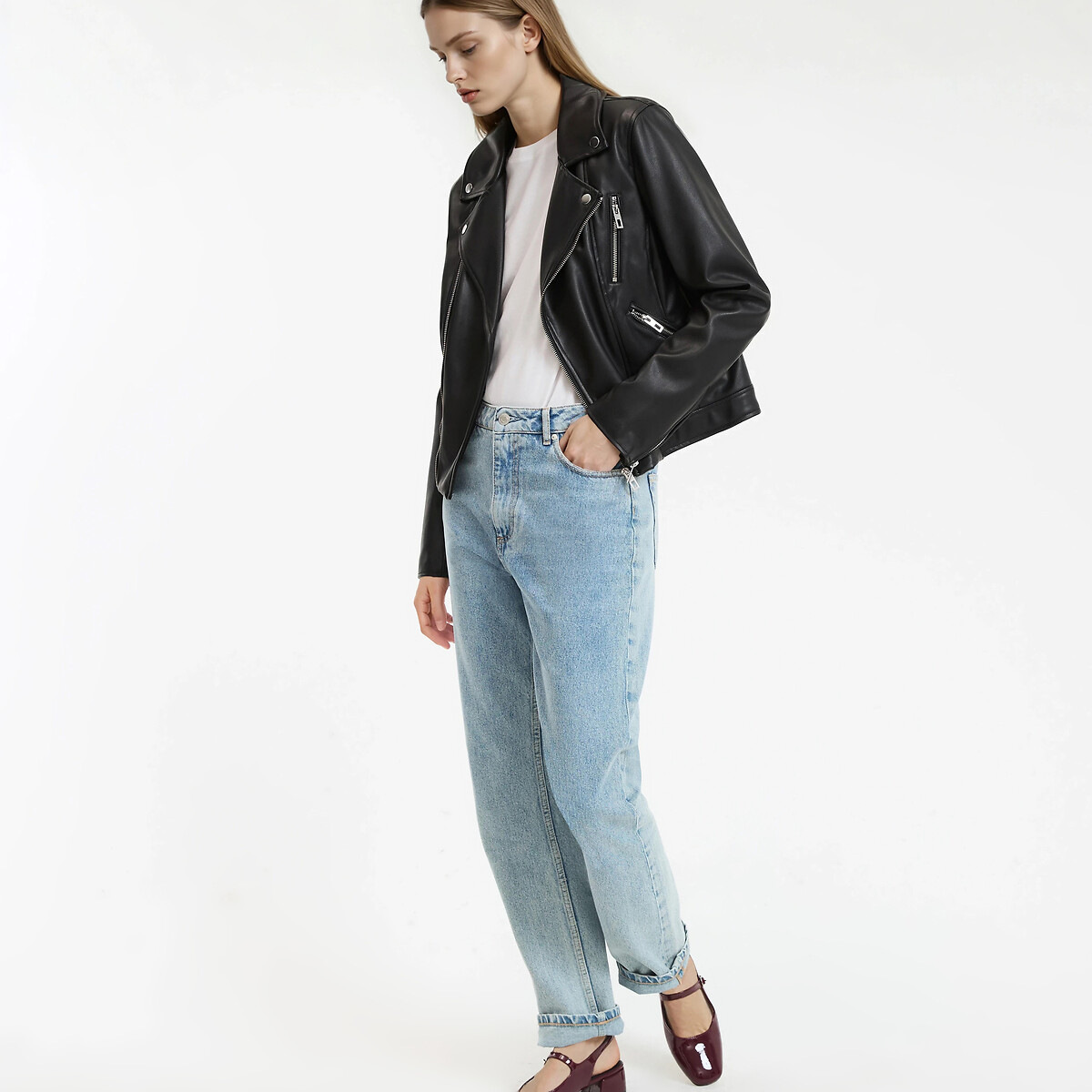 Cropped Biker Jacket in Faux Leather black, LA REDOUTE COLLECTIONS