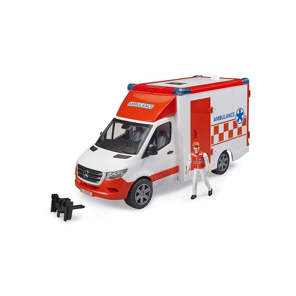 Véhicule Ambulance Mercedes Benz Sprinter avec conducteur et module son et lumière rouge et blanc, BRUDER