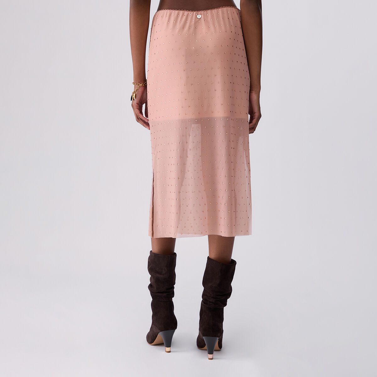 Jupe midi en tulle brodé chair, LIU JO