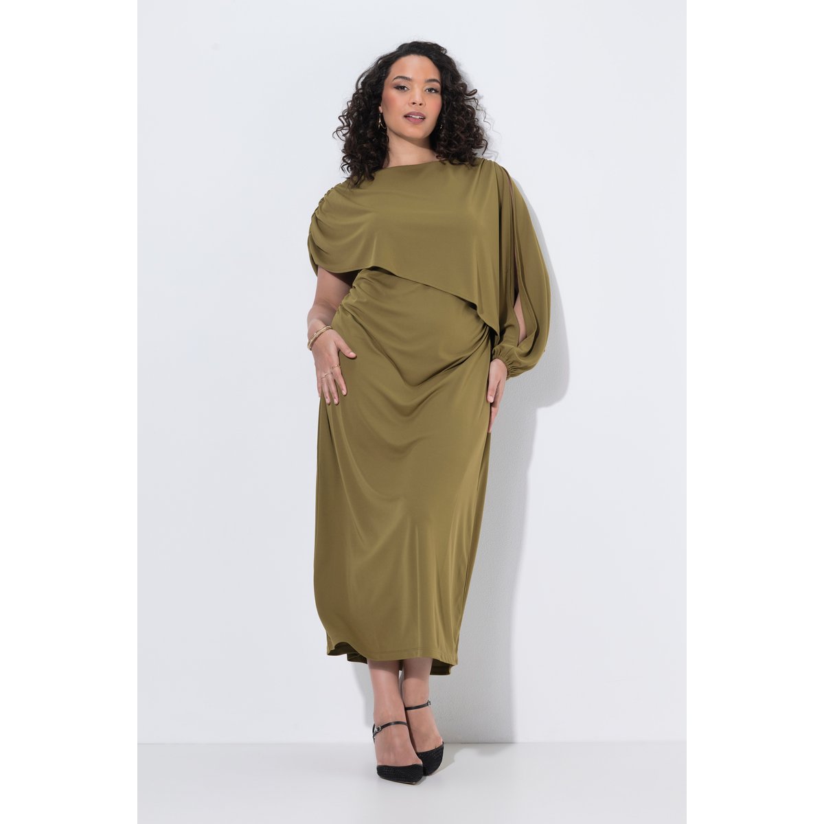 Robe longue esprit cape, décolleté rond marron, ULLA POPKEN