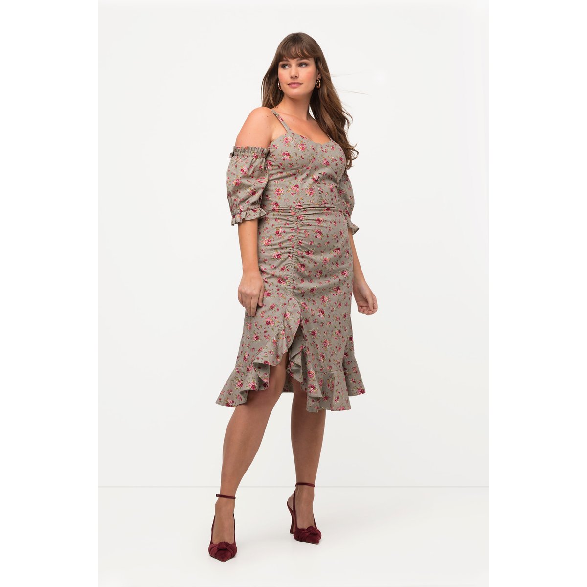 Robe mini, roses, manches courtes beige, ULLA POPKEN