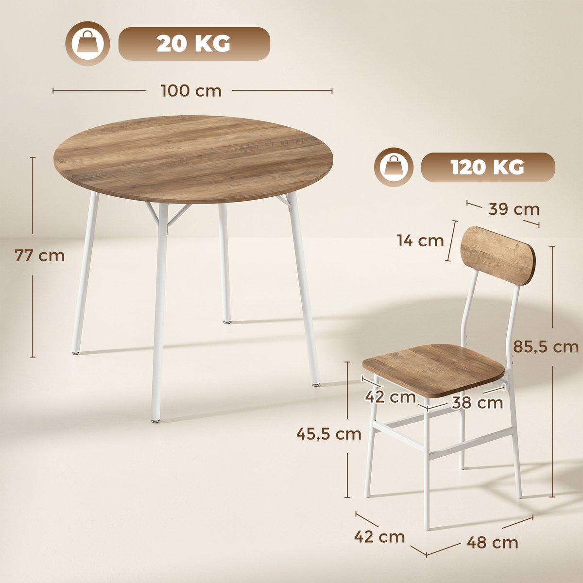 Ensemble de table à manger Panneau de bois naturel et blanc, HOMCOM