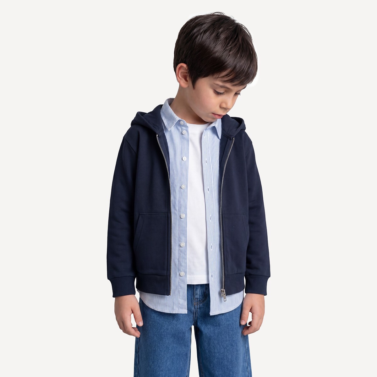 Lot de 2 sweats zippés à capuche en molleton bleu marine + gris chiné, LA REDOUTE COLLECTIONS