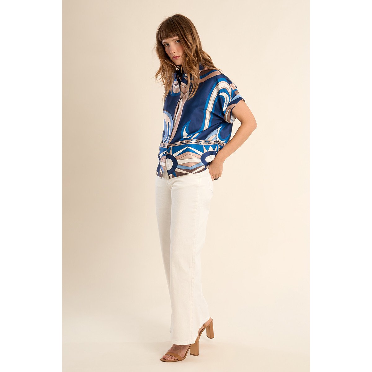Chemisier manches courtes, effet satiné navy athena, MOLLY BRACKEN
