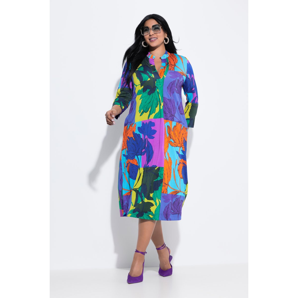 Robe midi au tombé fluide, motif feuilles fuchsia, ULLA POPKEN