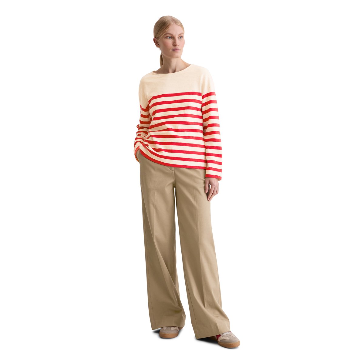 T-shirt long rayé relaxed en jersey heavy slub teint en fil rouge, MARC O'POLO