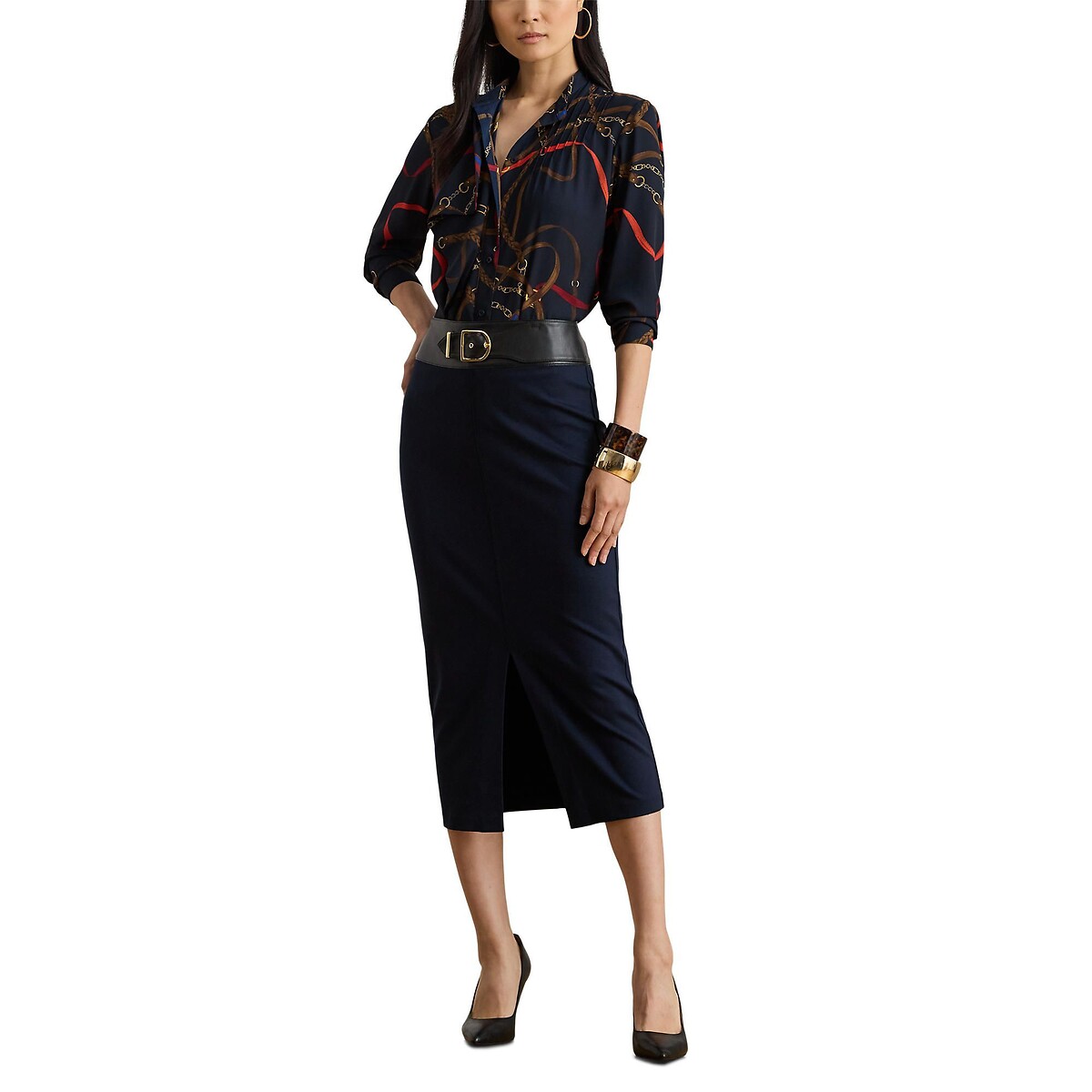 Saia midi direita com cinto, MERREDI marinho, LAUREN RALPH LAUREN