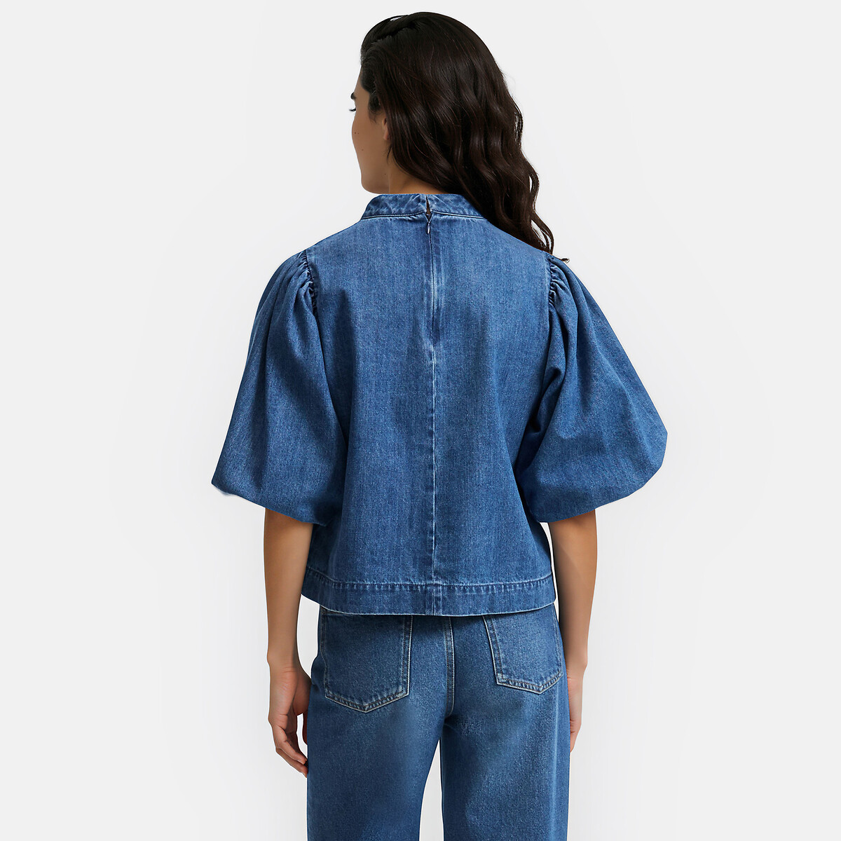 Camicetta in denim con maniche corte a palloncino blu stone, LA REDOUTE COLLECTIONS