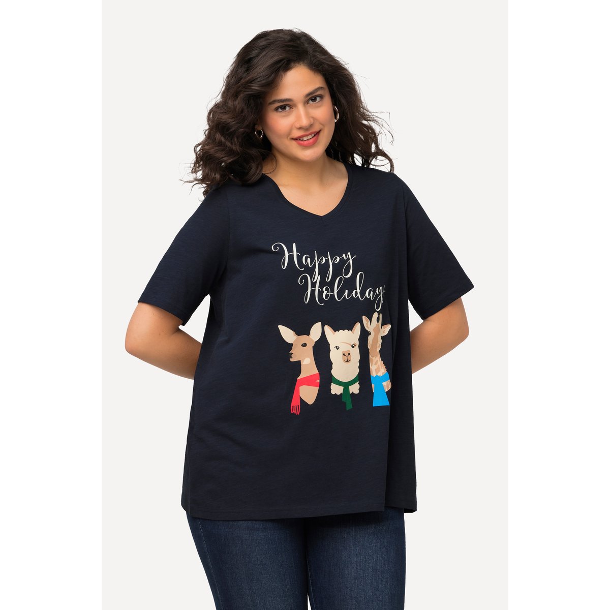 T-shirt de Noël à manches courtes et col V marine, ULLA POPKEN