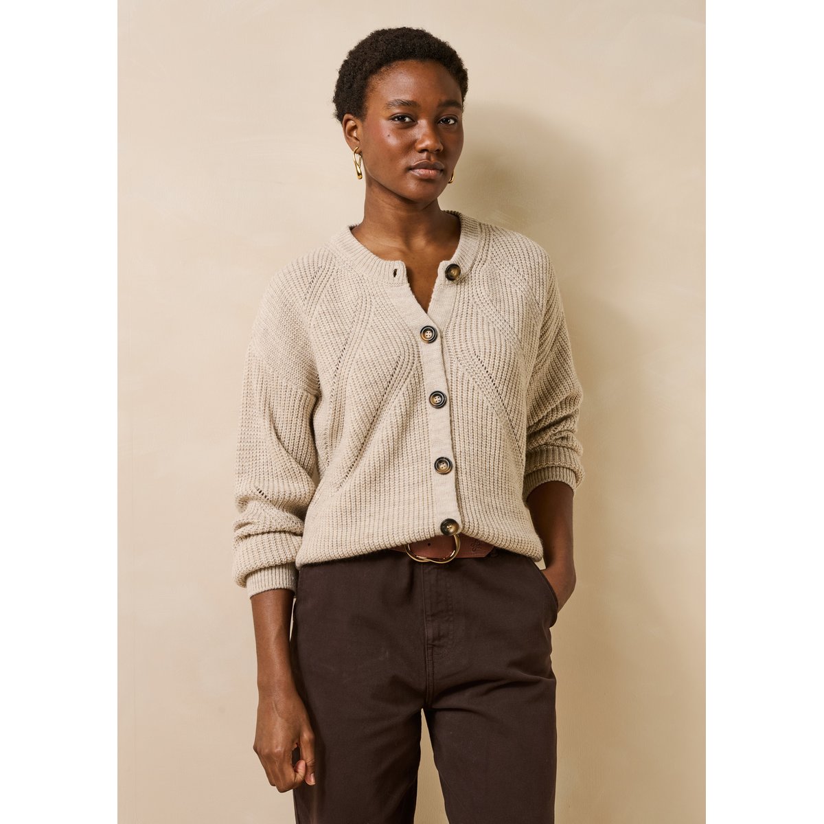 Gilet manches longues col rond greige, LA FEE MARABOUTEE
