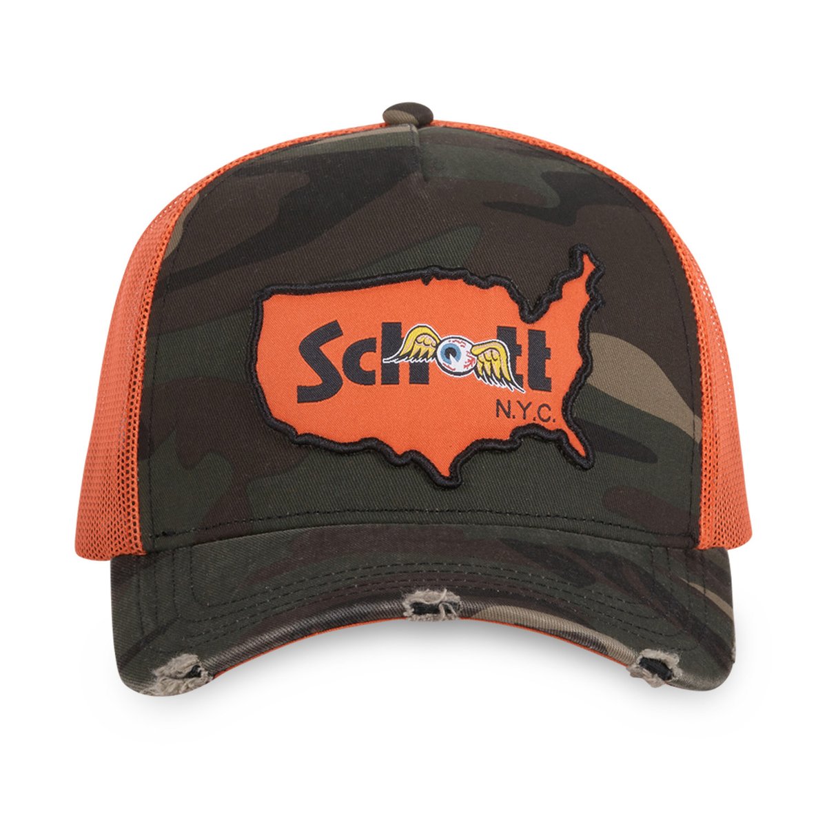 Casquette trucker x Schott NYC kaki/orange/marron, VON DUTCH