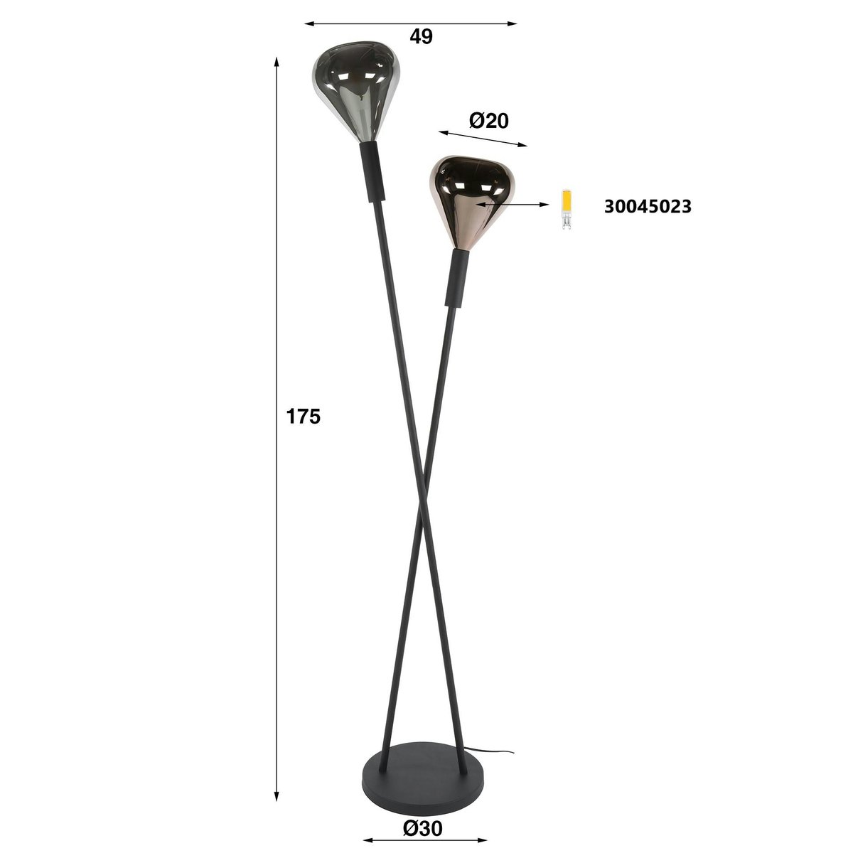 Lampadaire design tiges croisées, 2 abat-jour gouttes NIAGARA chrome, PIER IMPORT