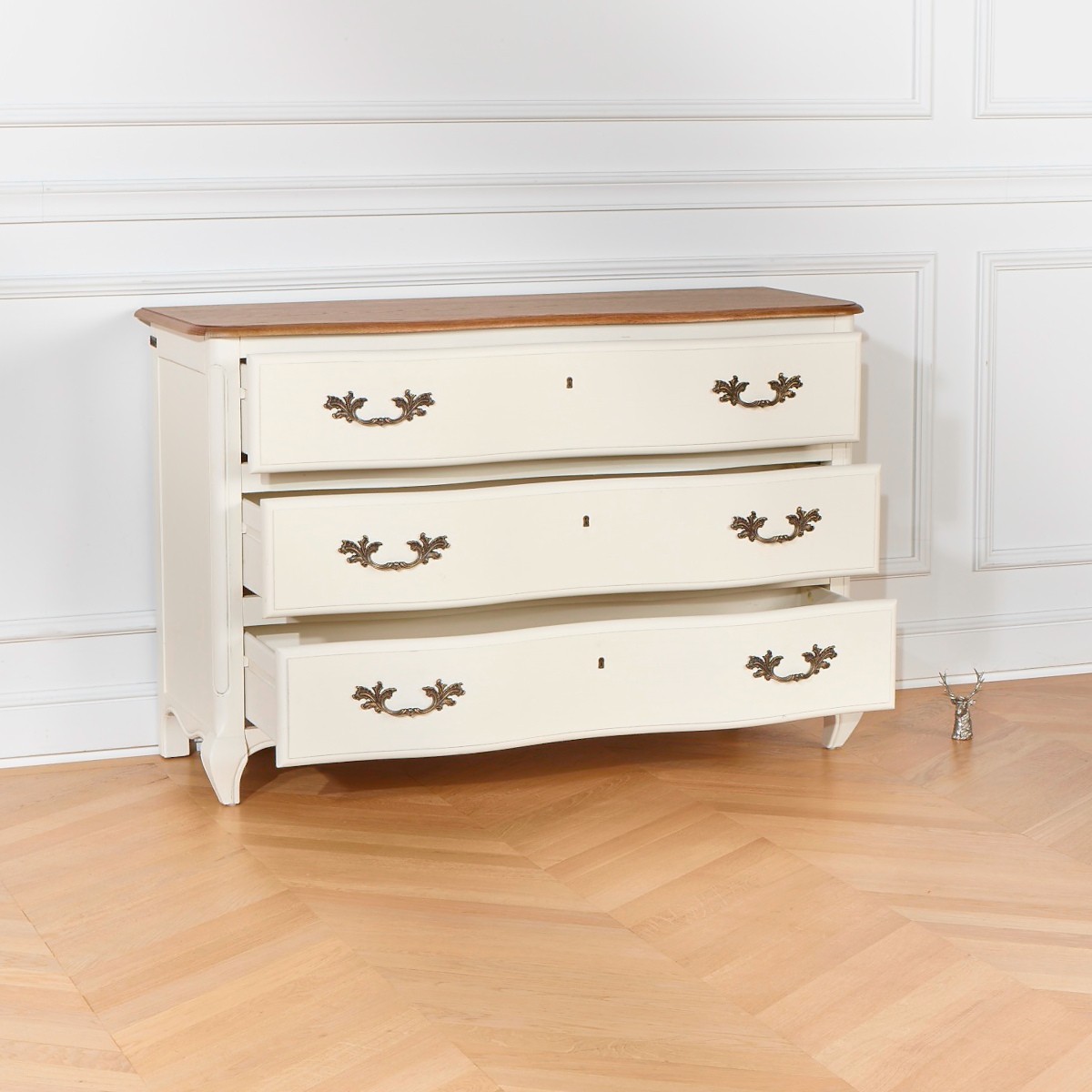Commode style shabby chic, plateau chêne, 3 tiroirs SERRENA blanc, ROBIN DES BOIS