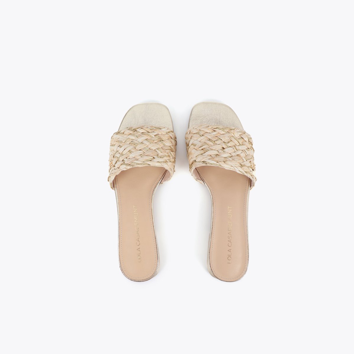 Mule plate à brides tressées en raphia et fils métallisés beige, LOLA CASADEMUNT