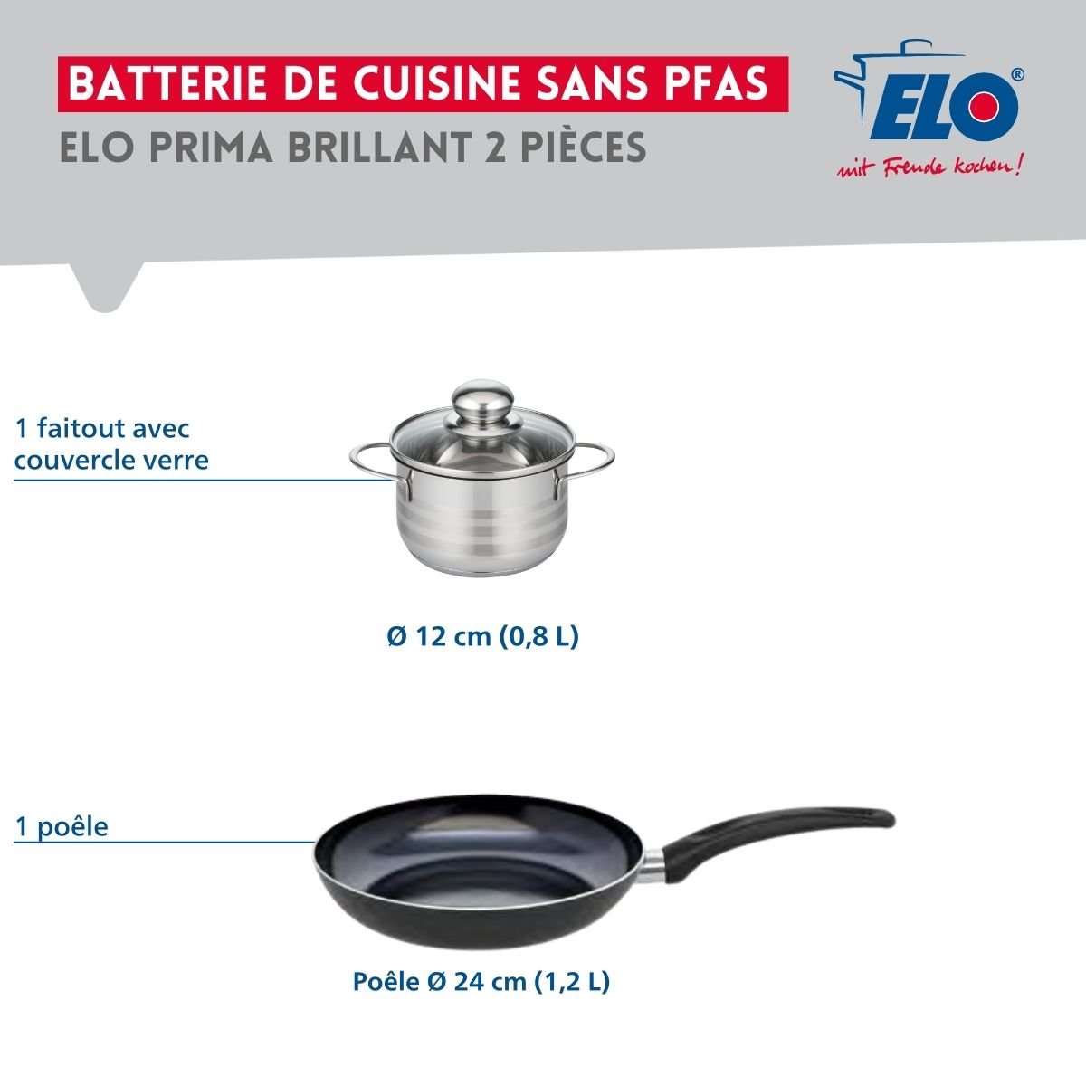Batterie de cuisine 1 poêle 24cm + 1 faitout 12cm PRIMA BRILLANT noir, ELO