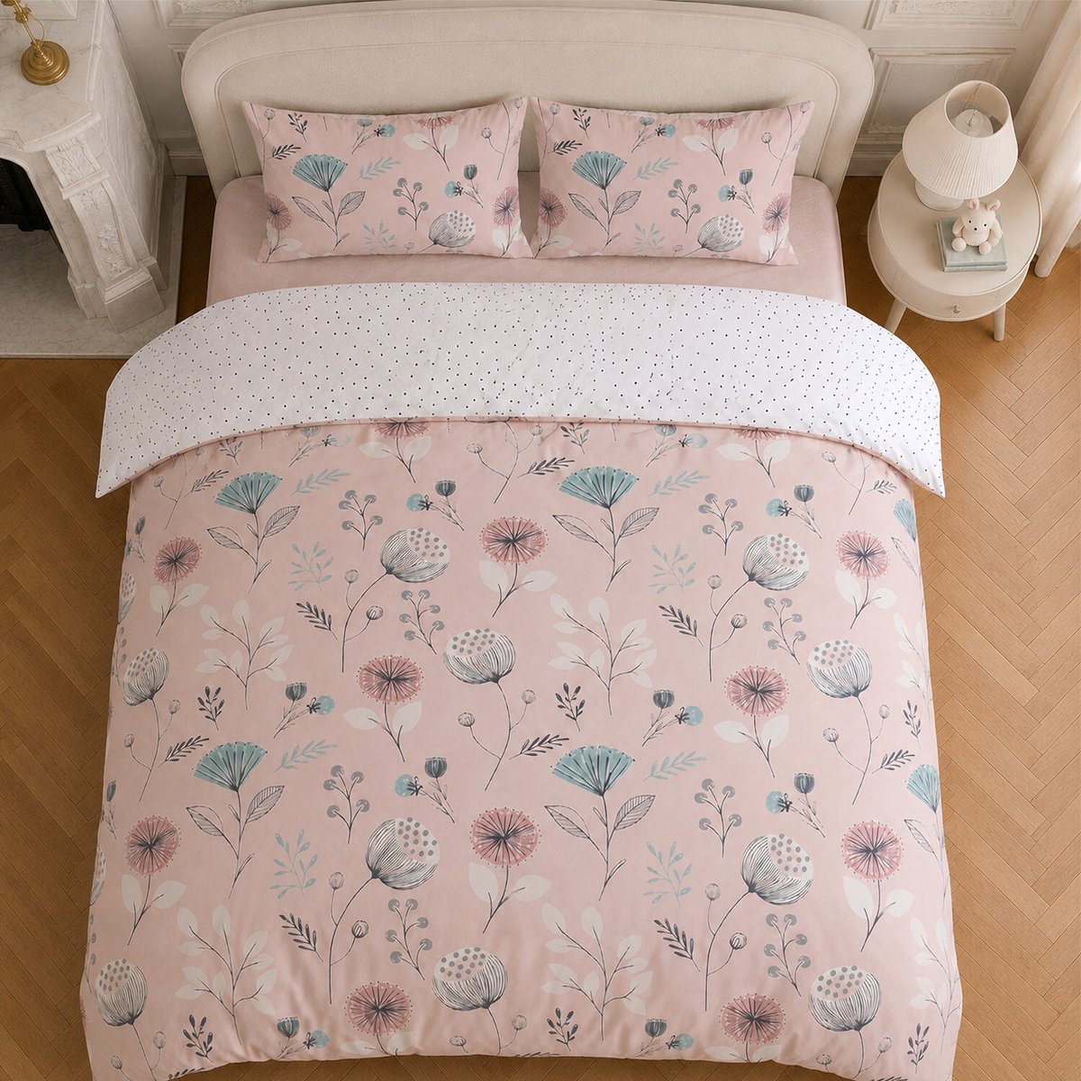 Parure housse de couette en coton floral rose, OLIA rose, C DESIGN HOME TEXTILE
