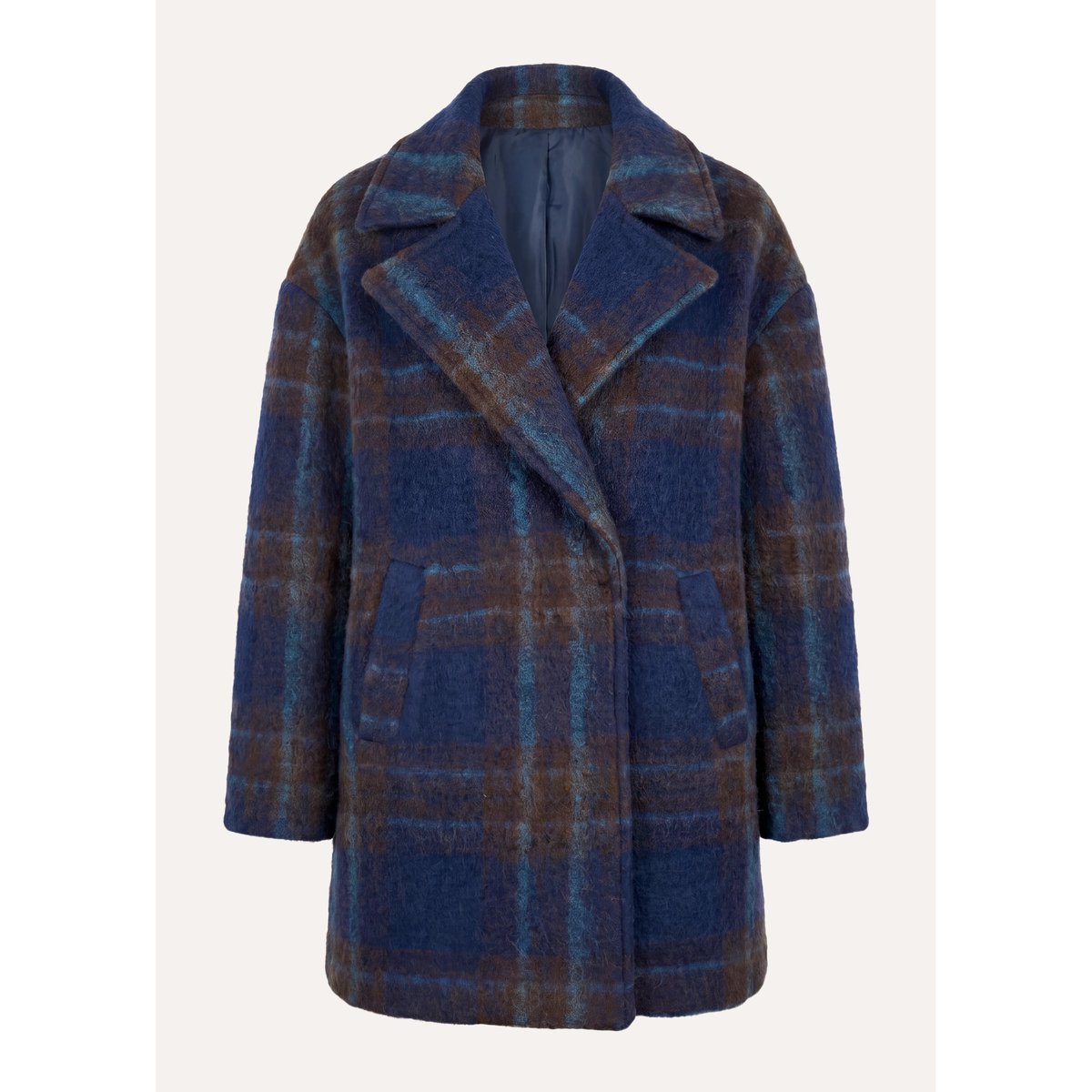 Manteau 3/4 en laine bouillie à carreaux bleu, LA FEE MARABOUTEE