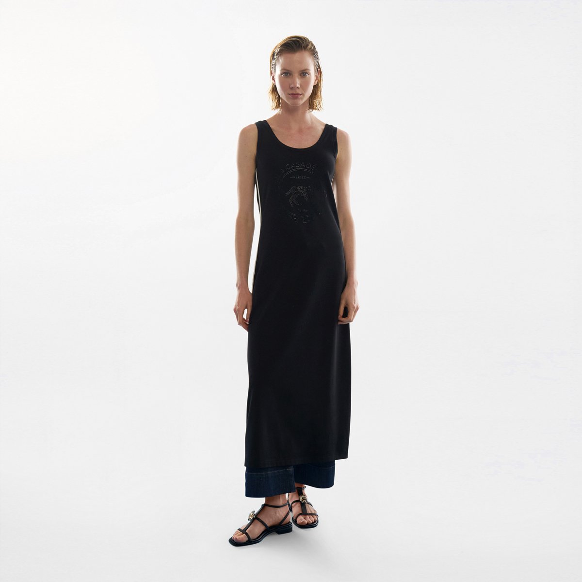 Robe longue sans manches avec motif en strass noir, LOLA CASADEMUNT