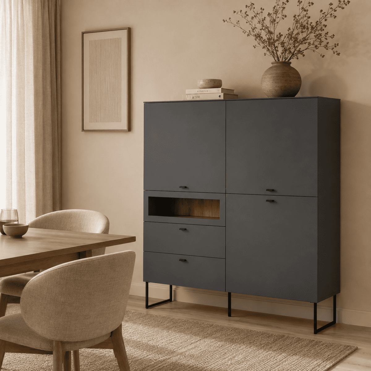 Buffet haut 3 portes, 2 tiroirs - VELA gris anthracite, CALICOSY