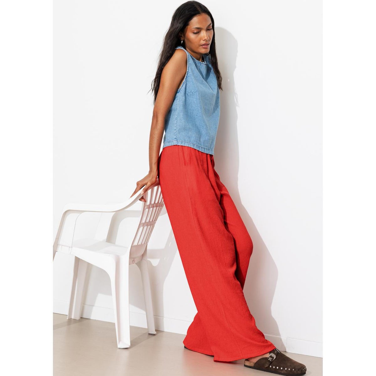 Pantalon large uni crinkle rouge, PROMOD