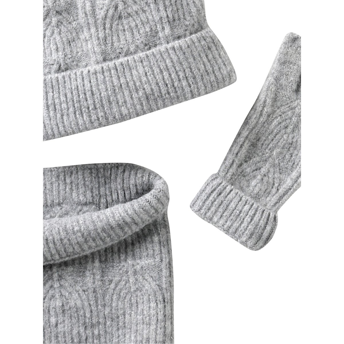Ensemble bonnet + snood + moufles en maille torsadée mousseuse gris chiné, VERTBAUDET
