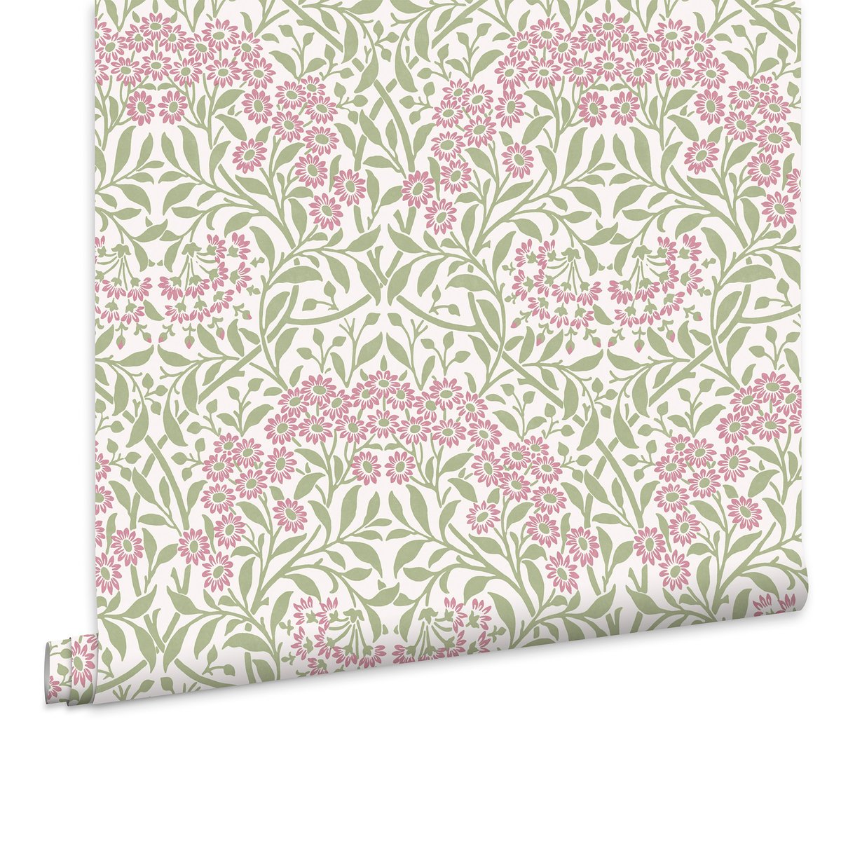 Papier peint fleuri Michaelmas Daisy Pink Cedar vert, rose, WILLIAM MORRIS AT HOME