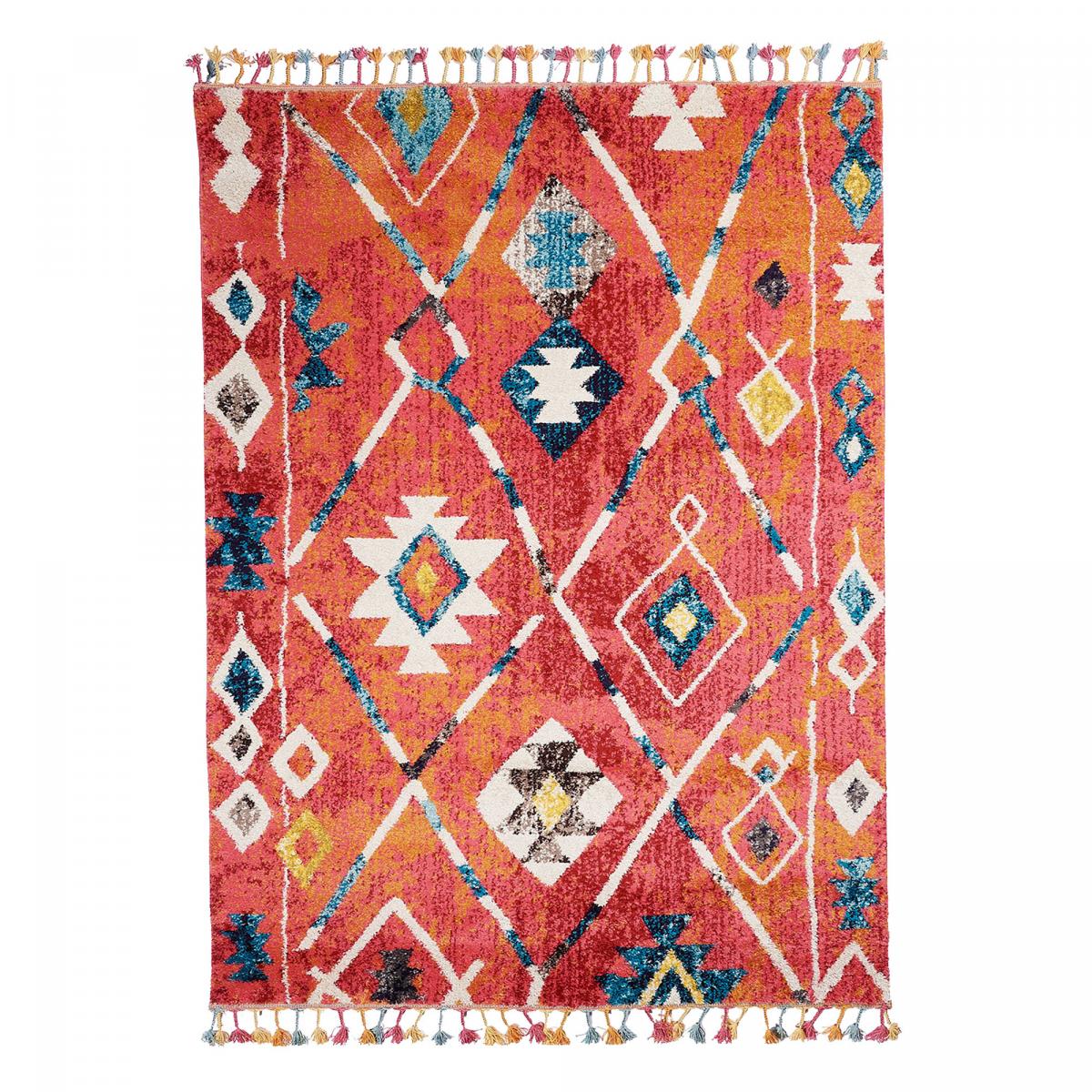 Tapis berbère tissé motifs tribaux LYN5 OURIKA B bleu, jaune, rose, orange, blanc, UN AMOUR DE TAPIS