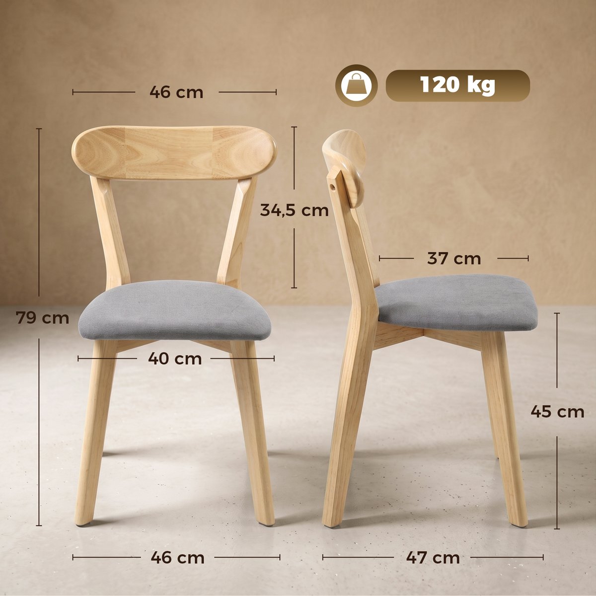 Chaise de salle à manger Tissu effet lin (100 gris et bois naturel, HOMCOM