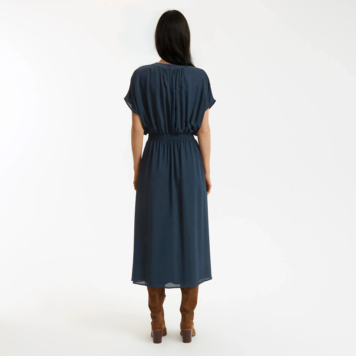 Robe longue évasée, taille élastiquée smockée bleu marine, LA REDOUTE COLLECTIONS