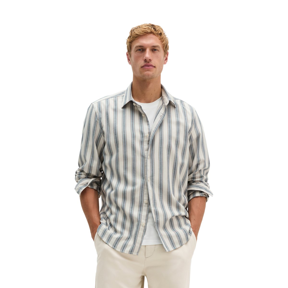 Chemise en sergé, coupe classique en coton biologique et lyocell blanc/bleu, MARC O'POLO