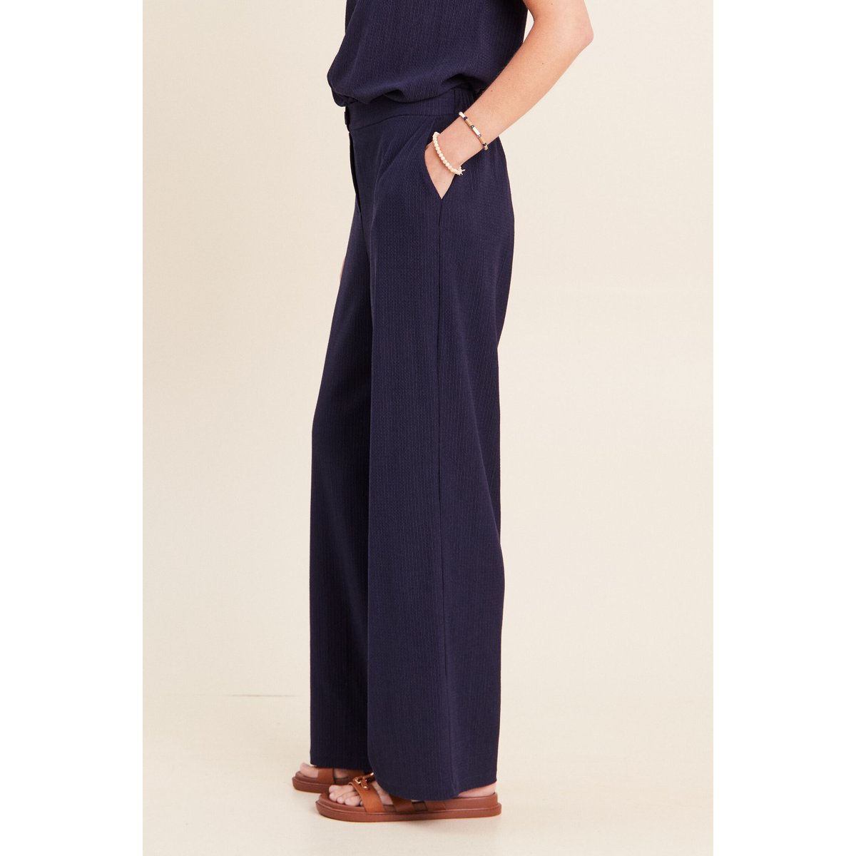 Pantalon large taille haute fluide bleu marine, BREAL