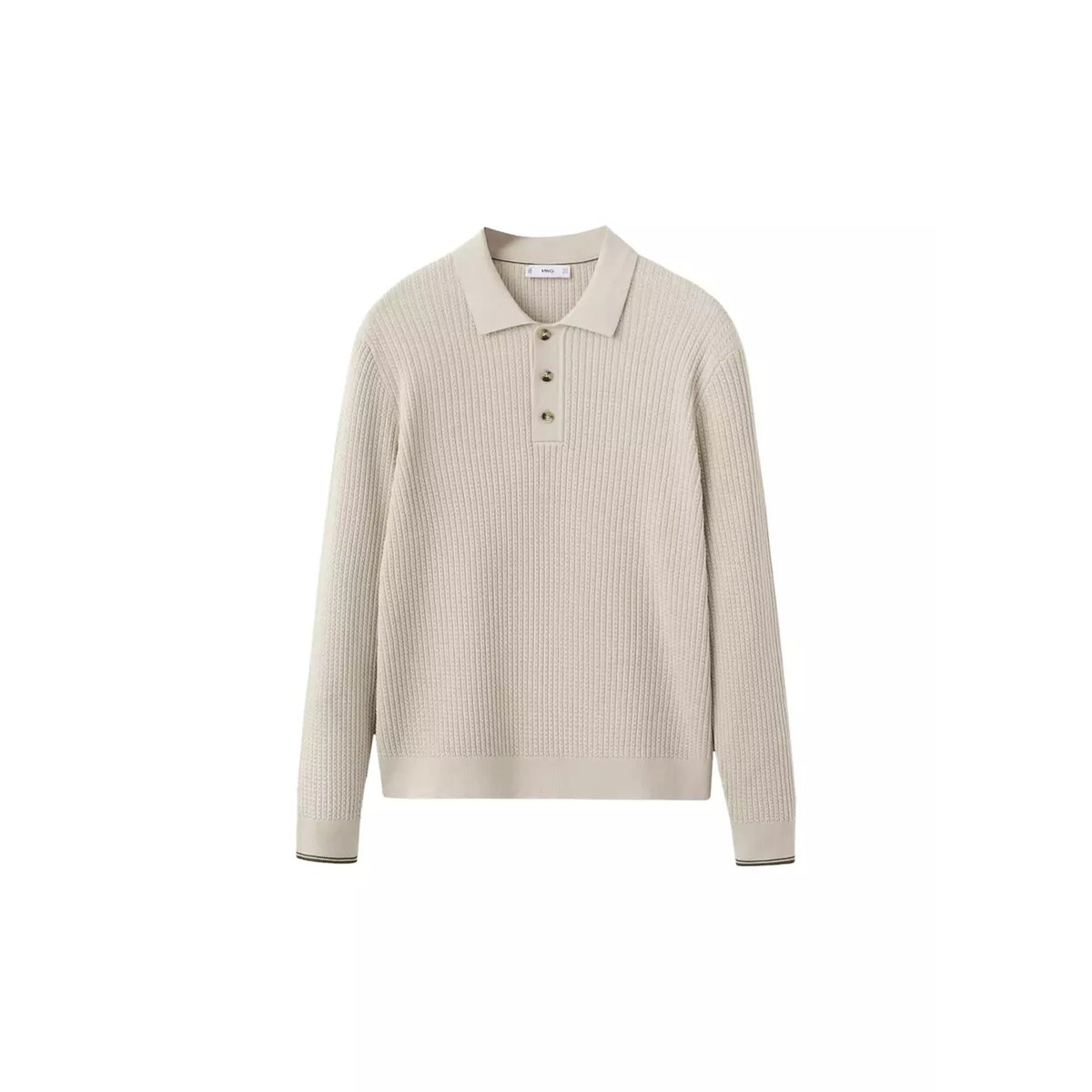 Pull polo coton mélangé maille tressée sable, MANGO MAN