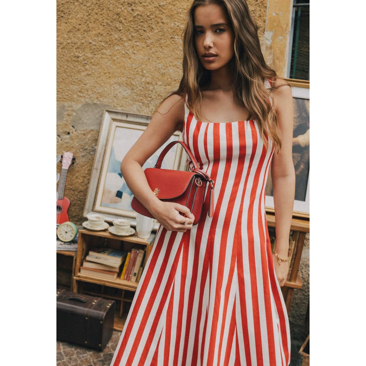 Robe Midi Rayée rouge, GUESS