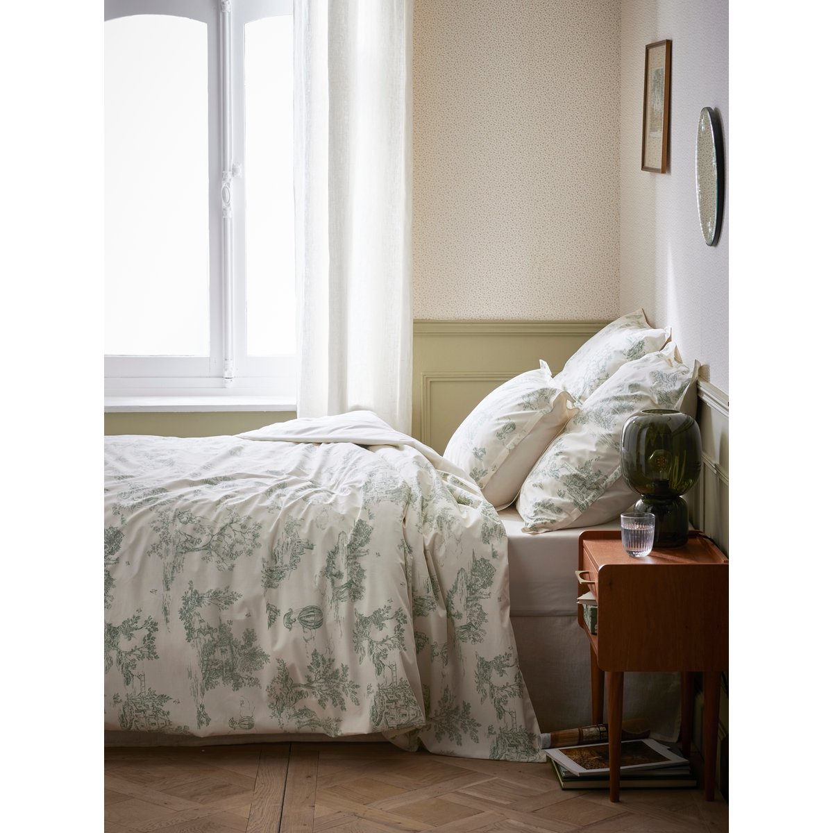 Housse de couette esprit toile de Jouy en percale de coton jouy vert, CYRILLUS