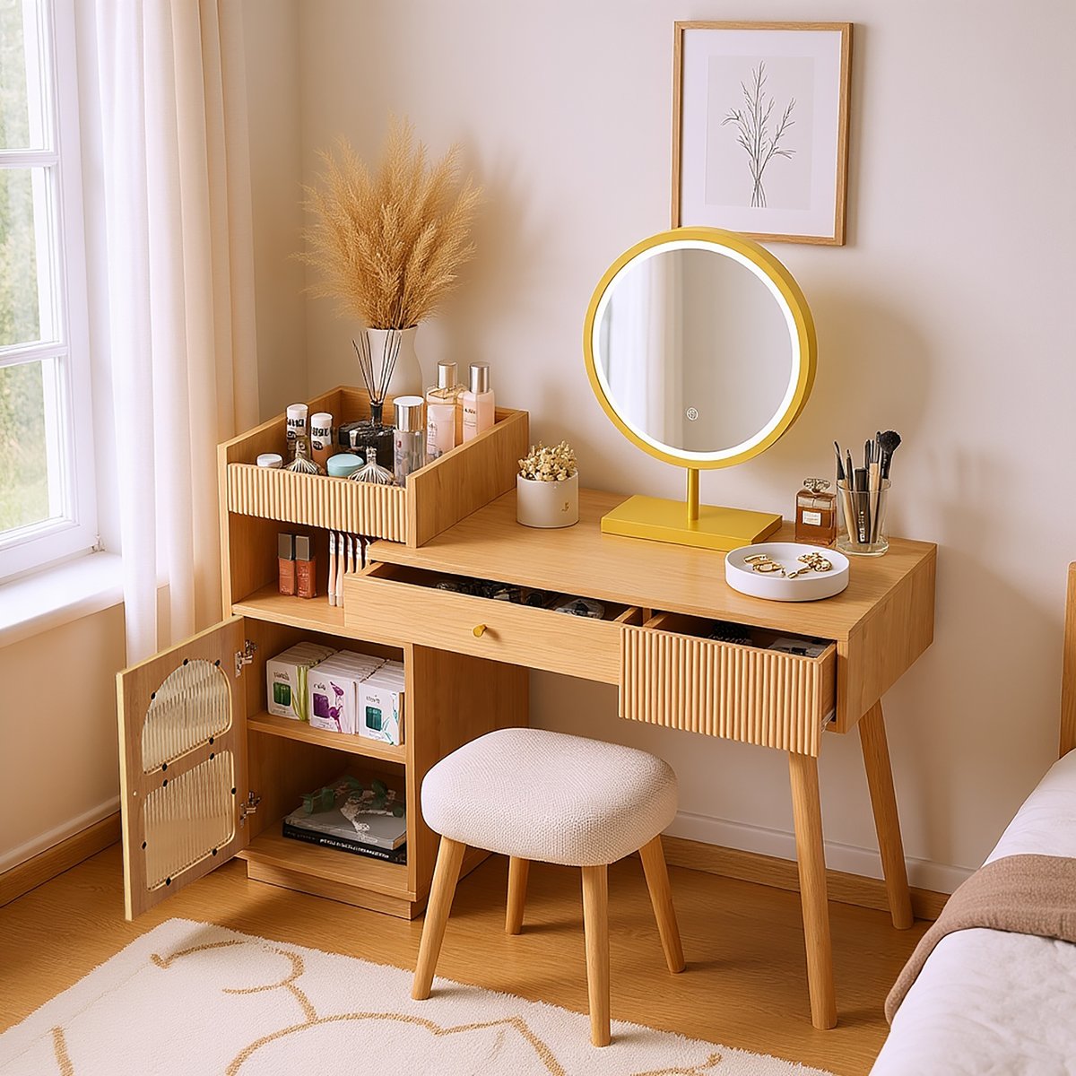 Coiffeuse table de maquillage avec 2 tiroirs 1 porte et 2 niches scandinave, ULTRAC chêne, MEUBLES COSY