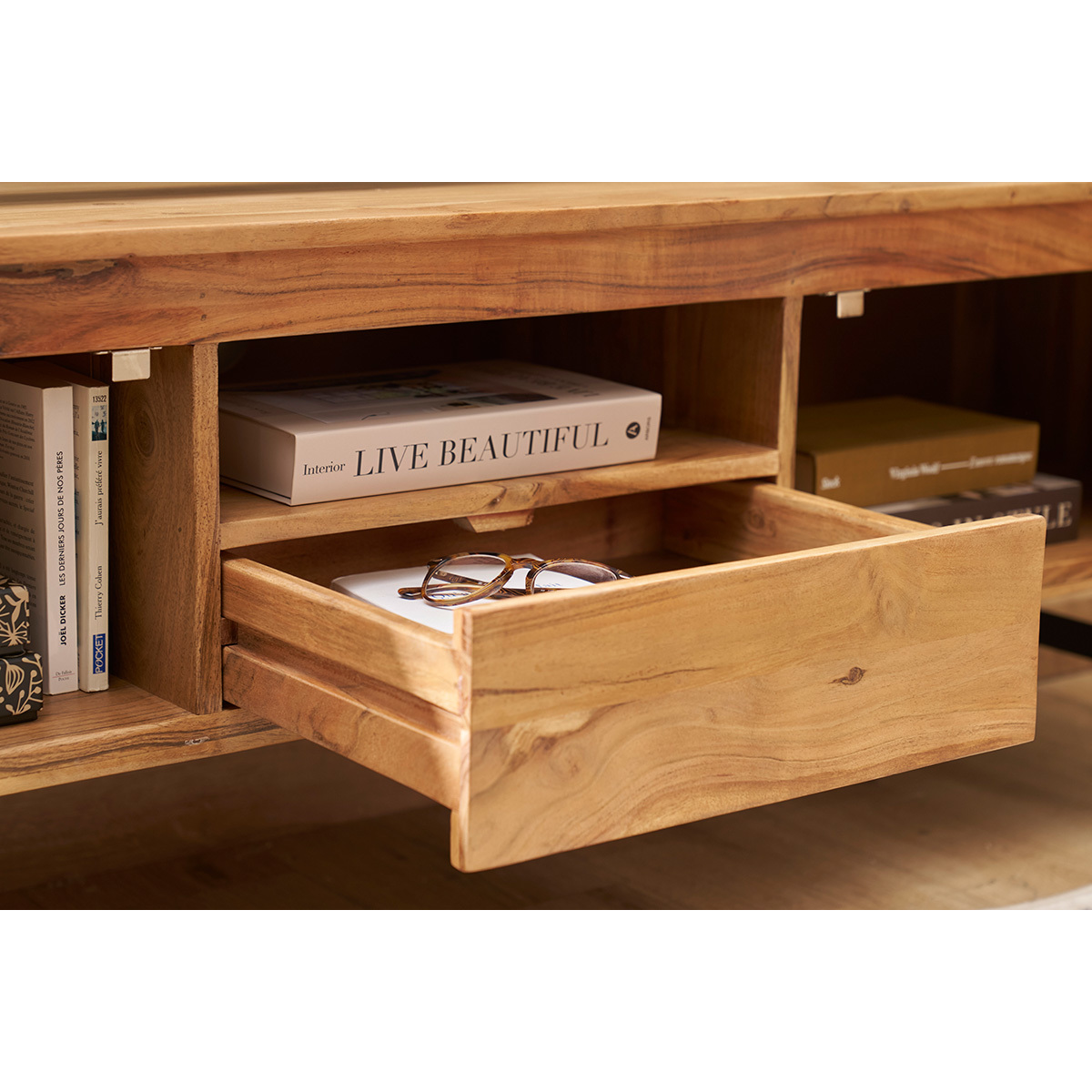 Meuble TV avec rangements en bois massif et métal noir L160 cm NAPOLI chêne clair, MILIBOO