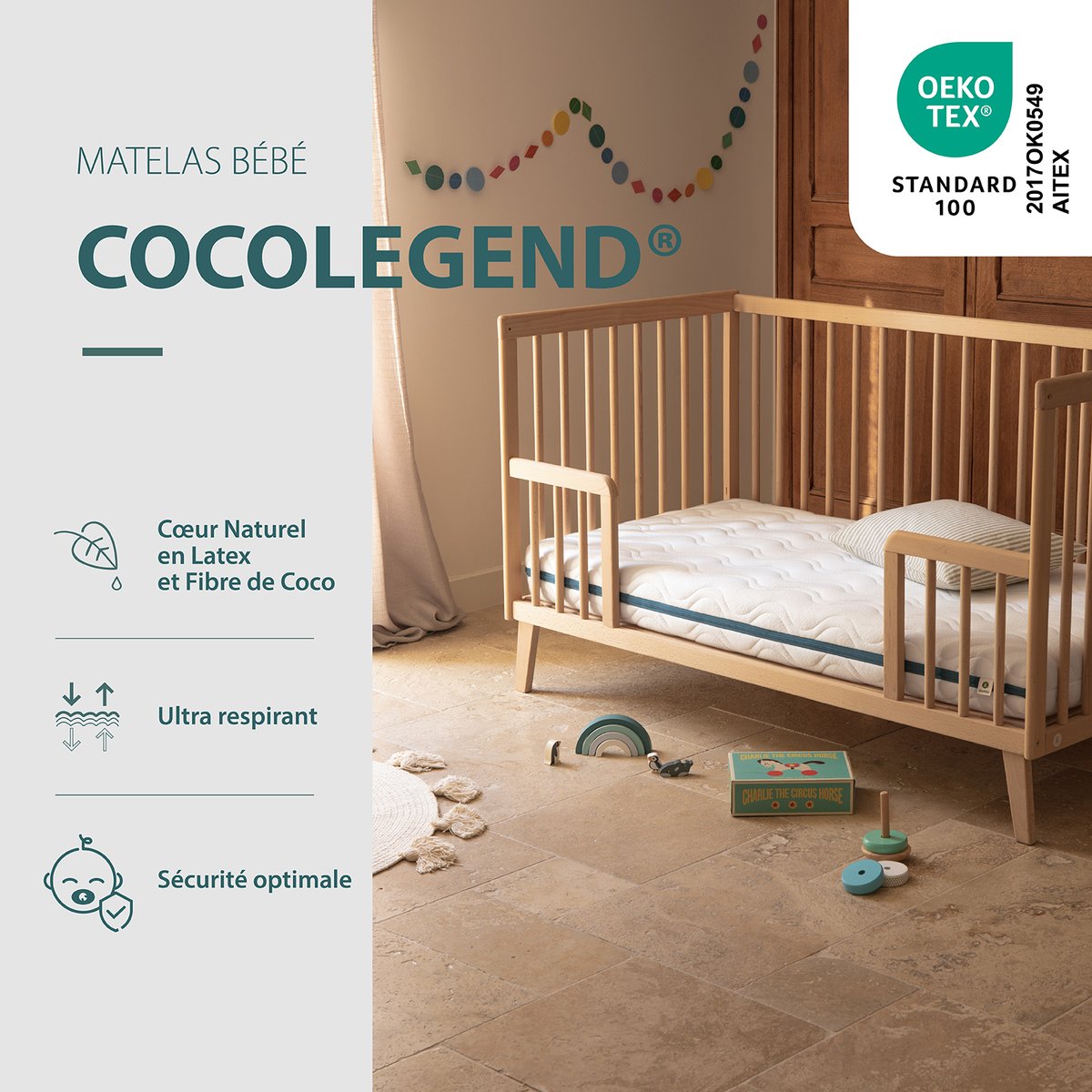 Matelas Bébé latex déhoussable COCOLEGEND® blanc, KADOLIS