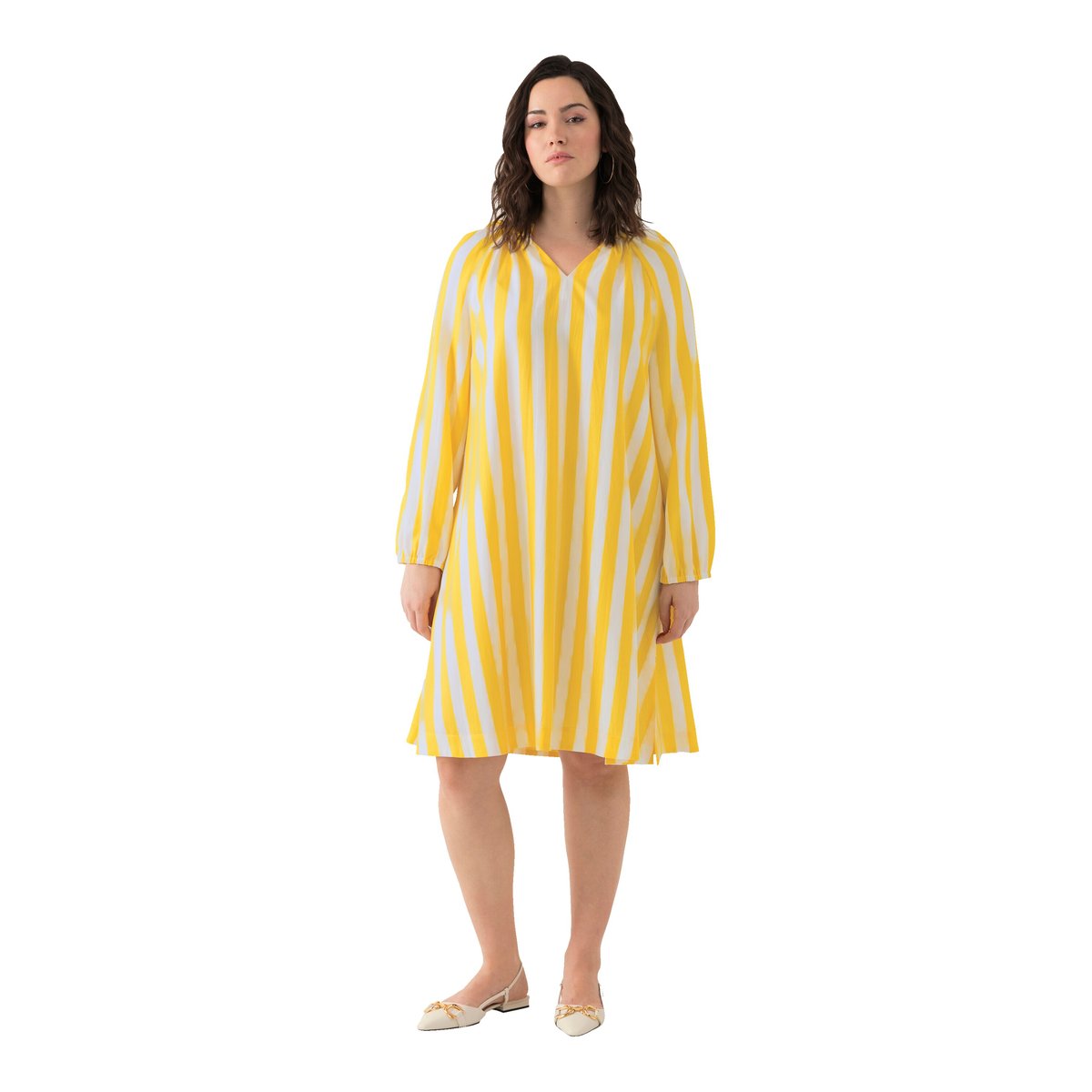 Robe trapèze à rayures et décolleté en V. citron, ULLA POPKEN