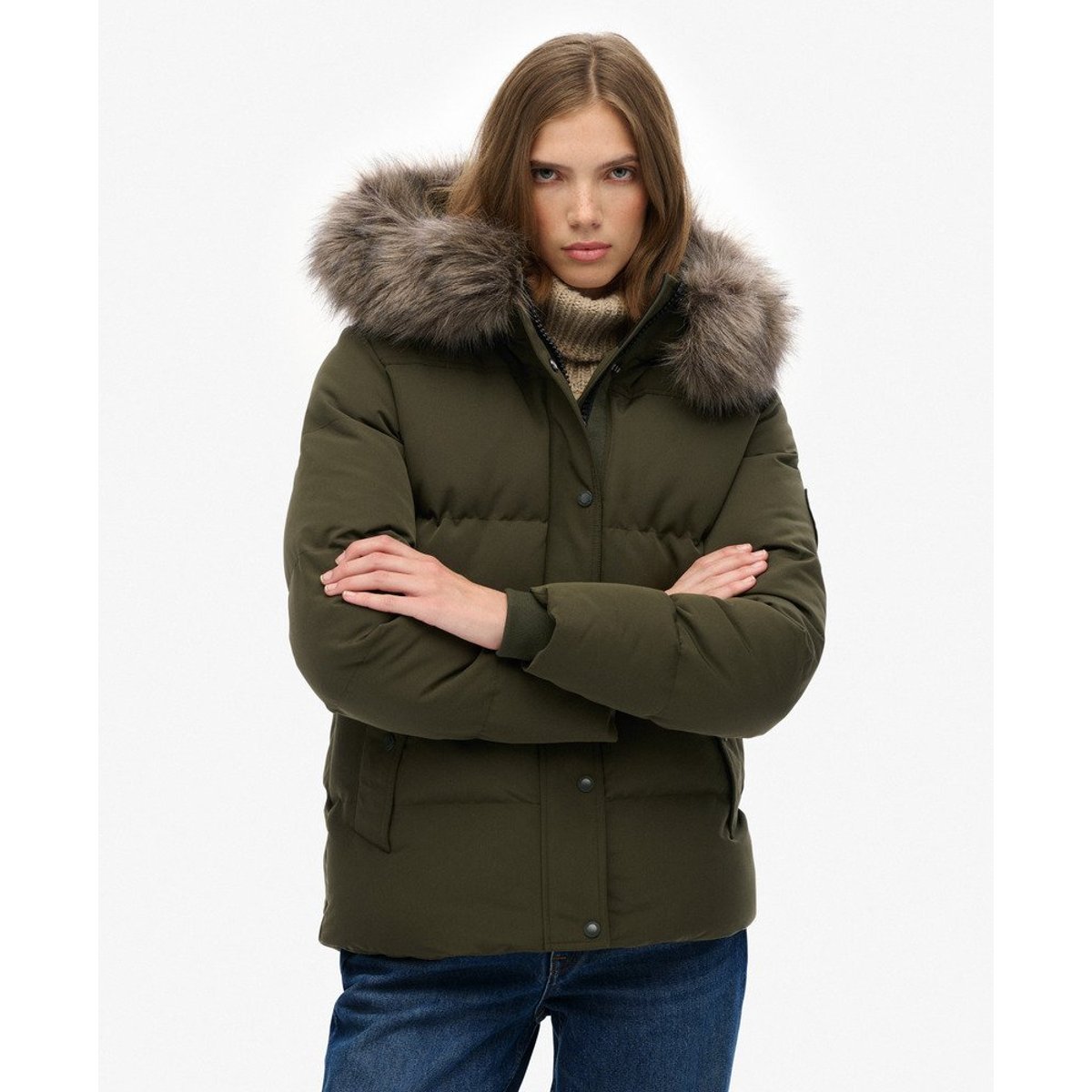 Doudoune courte à capuche en imitation fourrure kaki militaire, SUPERDRY